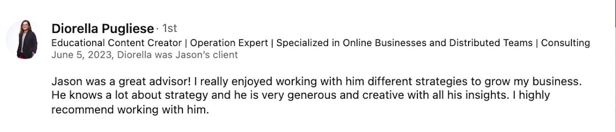 Testimonial screenshot from Diorella about Jason's work