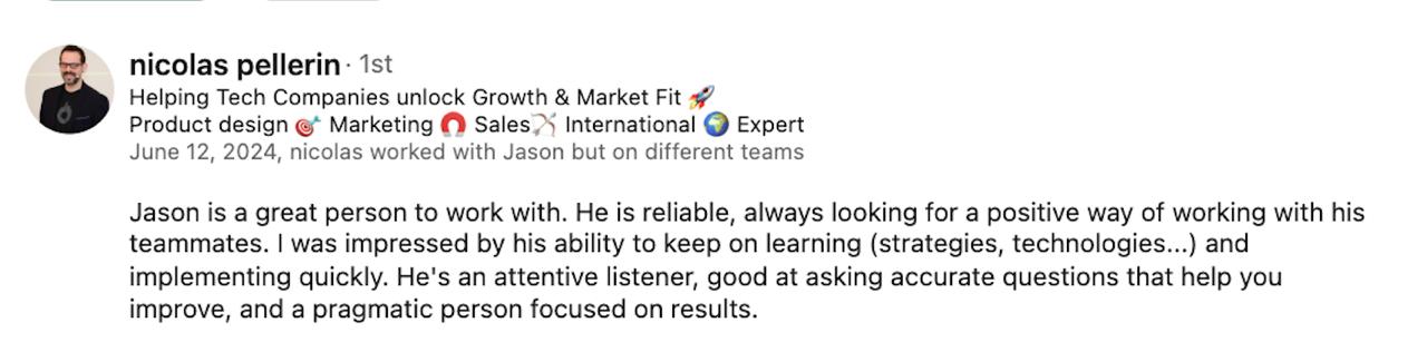 Testimonial screenshot from Nicolas about Jason's work